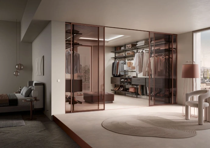 Smart walk-in wardrobe closet featuring premium soft-close hardware fittings