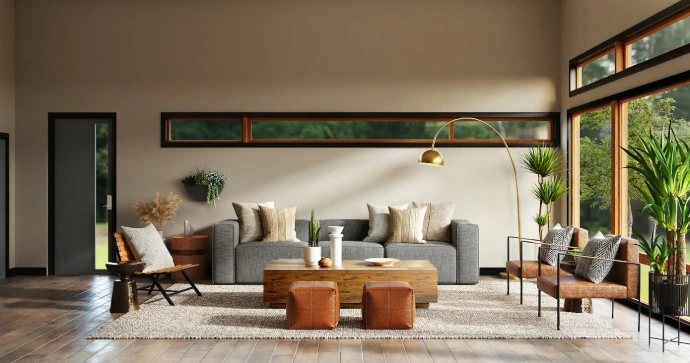 Luxury living room interior showcasing Euro Pratik wall louvers and premium laminates