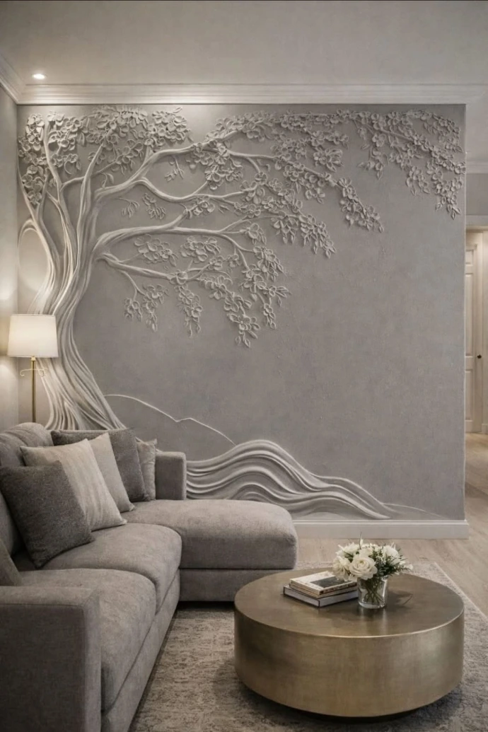 Modern living room wall texturing using premium architectural coatings and designer panels