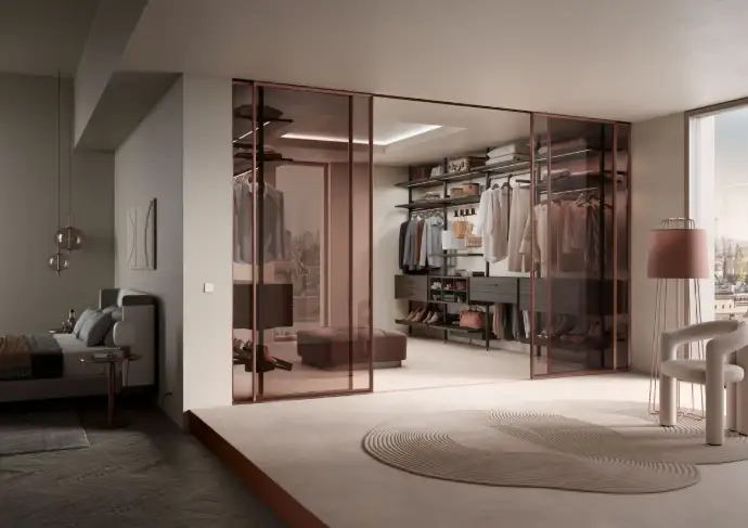 Premium smart wardrobe hardware solutions and luxury glass closet design showcase